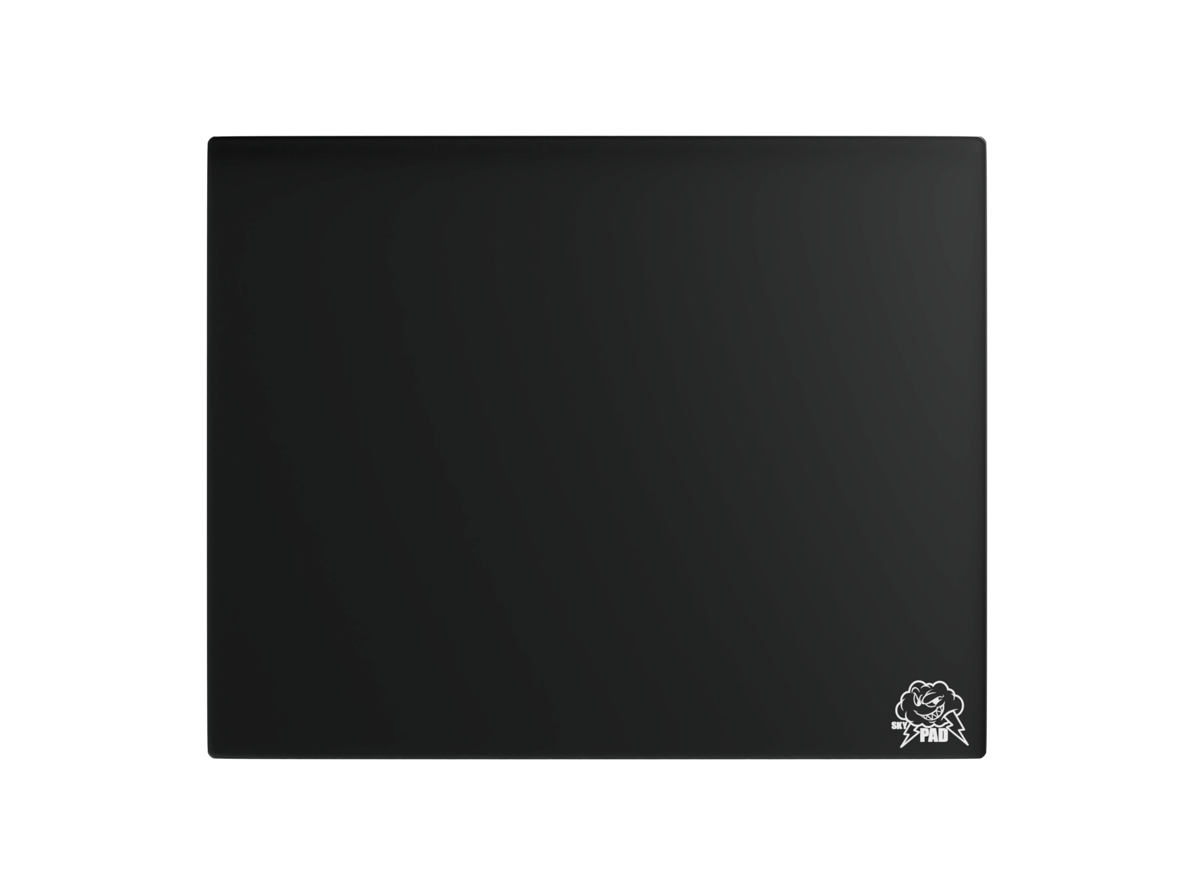 The fronmt top side of a SP-003 WallHack SkyPad glass mouse pad in black color