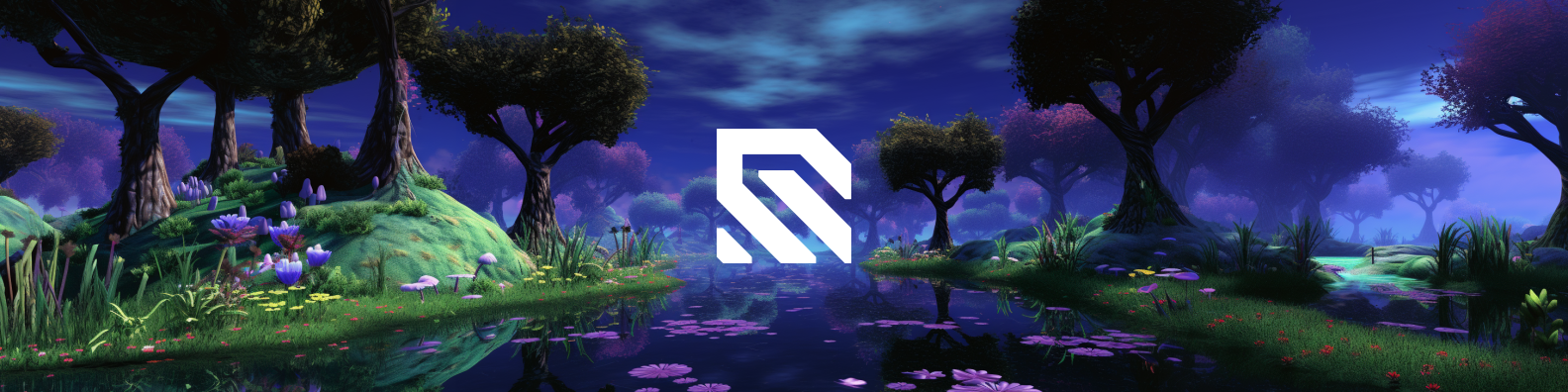 A purple and green digital forest pond landscape with the Wallhack logo in the middle