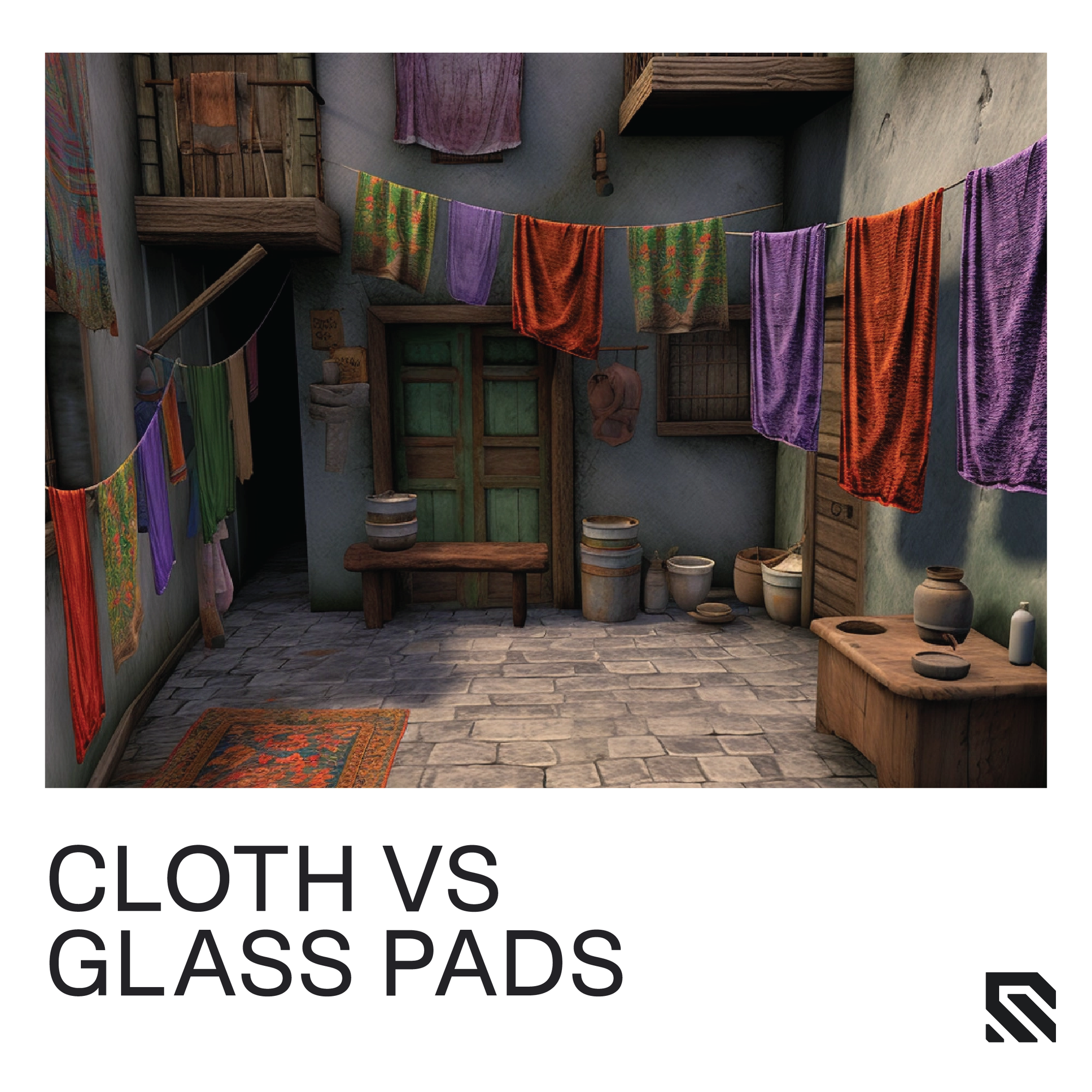 CSGO style environment from a computer game with red and purple clothes hanging on a clothesline
