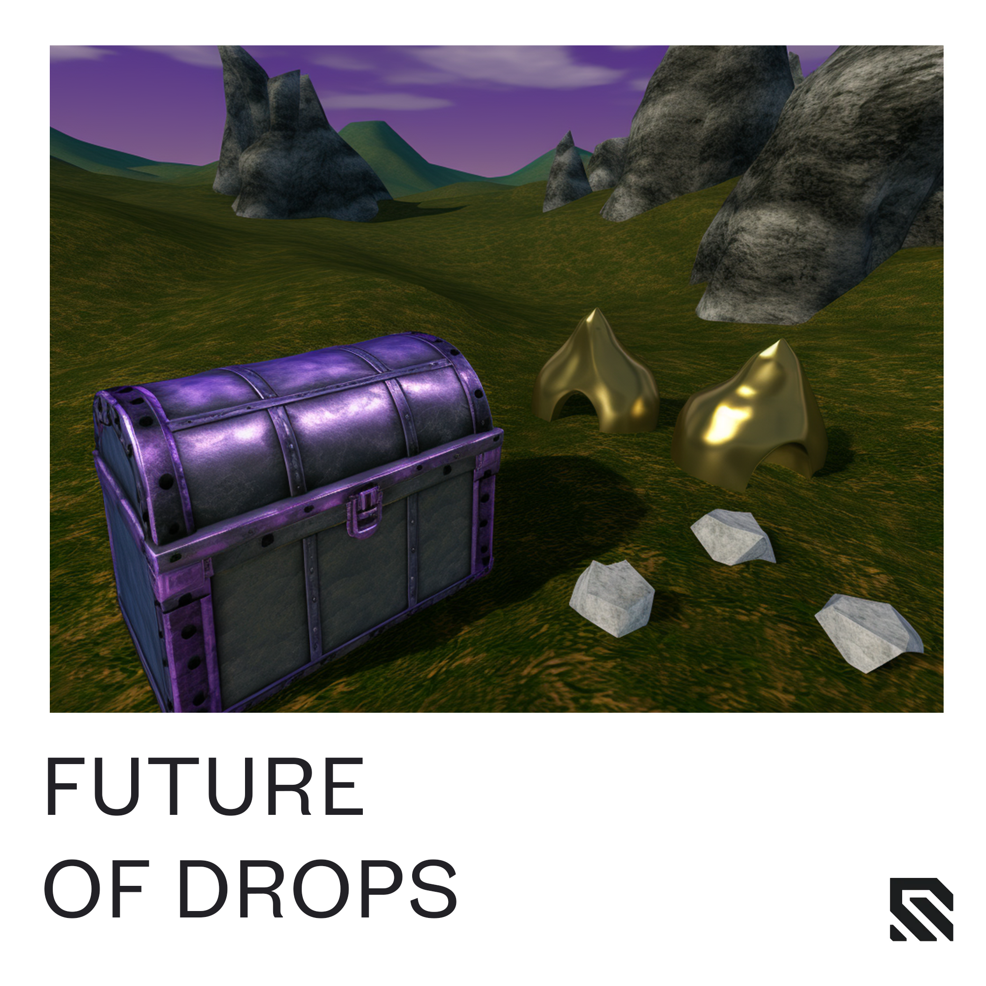 WALLHACK Future Limited Edition Drops Treasure chest in a digital game world from the 90s, green grassy field with stone
