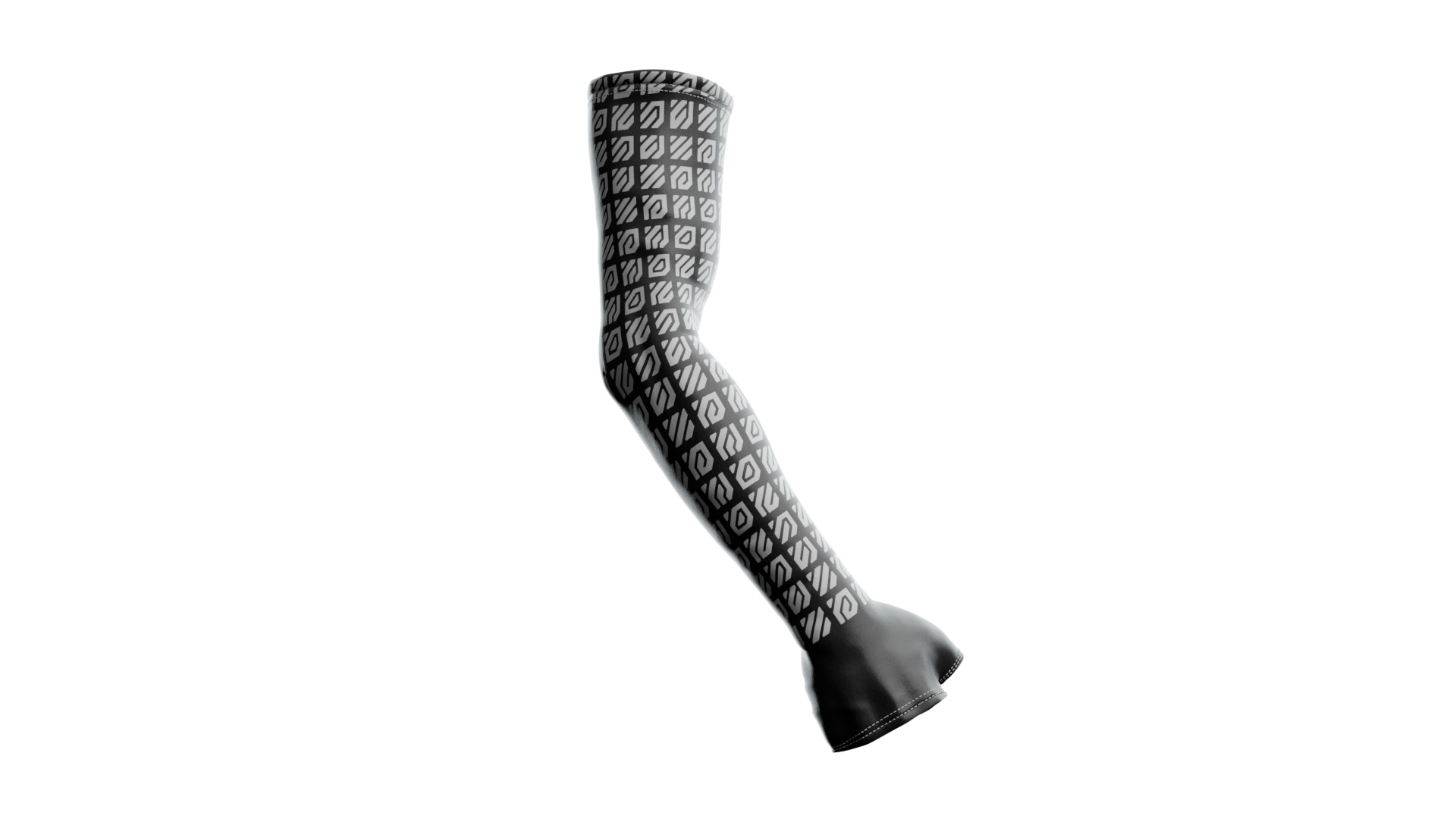 A black and white gaming compression arm sleeve with glove featuring a repeating logo