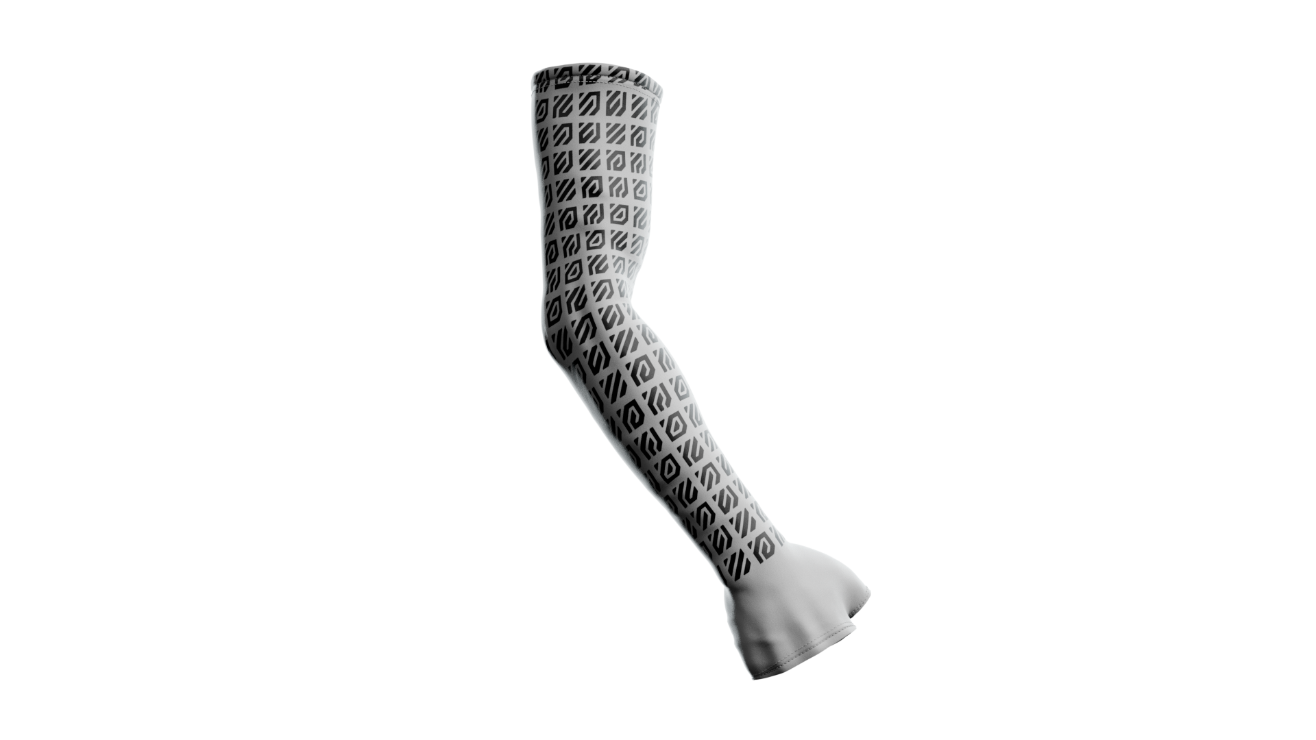 A white and black gaming compression sleeve with glove featuring a repeating pattern